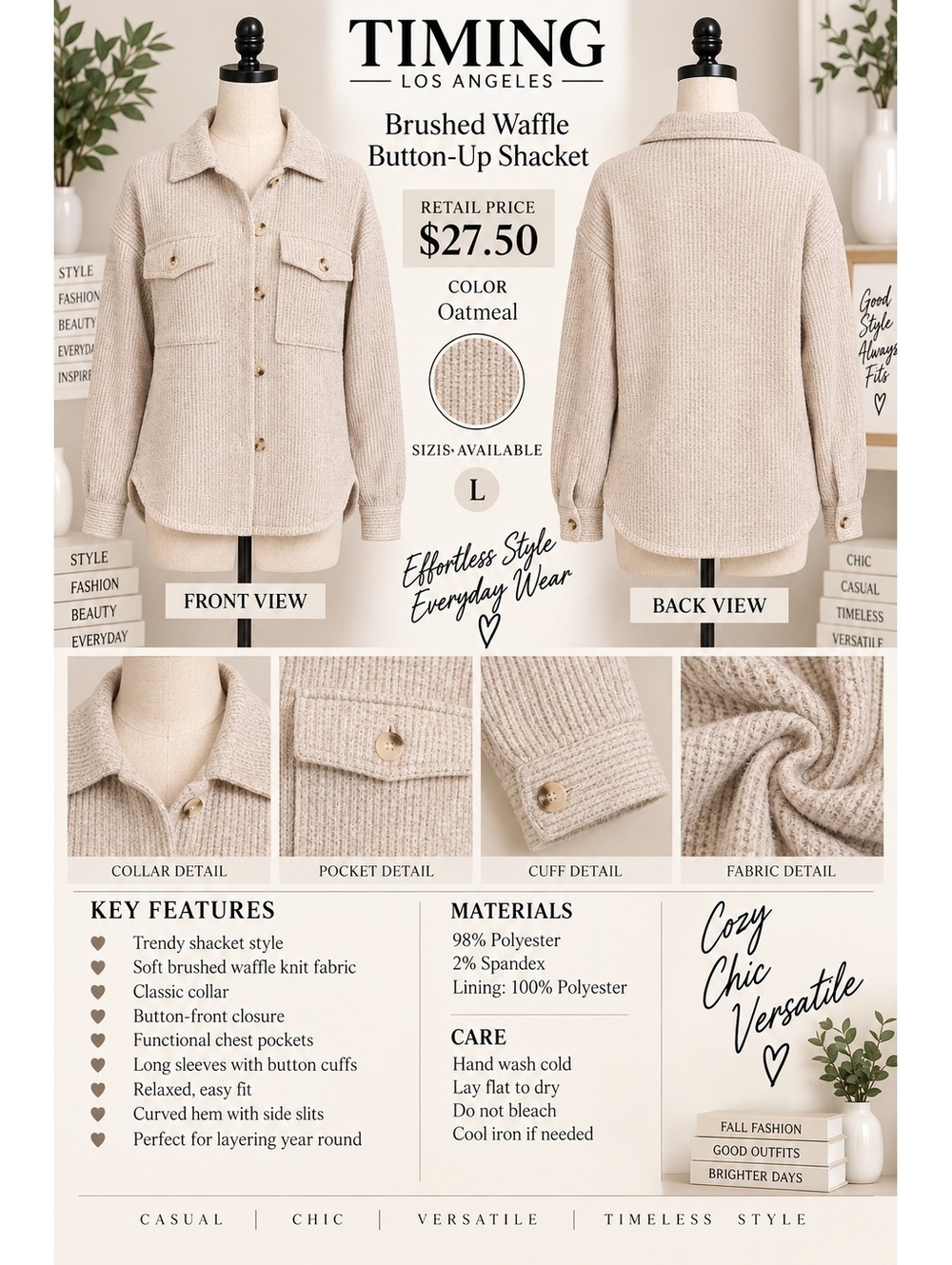 TIMING Los Angeles Brushed Waffle Button-Up Shacket Oatmeal